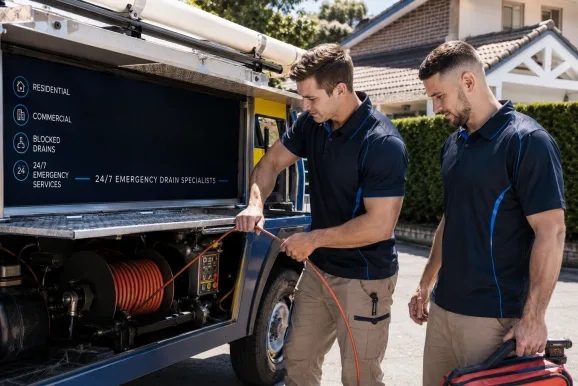 Two plumbers working on a blocked drain in Allambie Heights