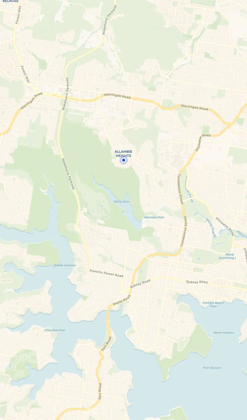Map of the Allambie Heights service area and the surrounding suburbs we cover.