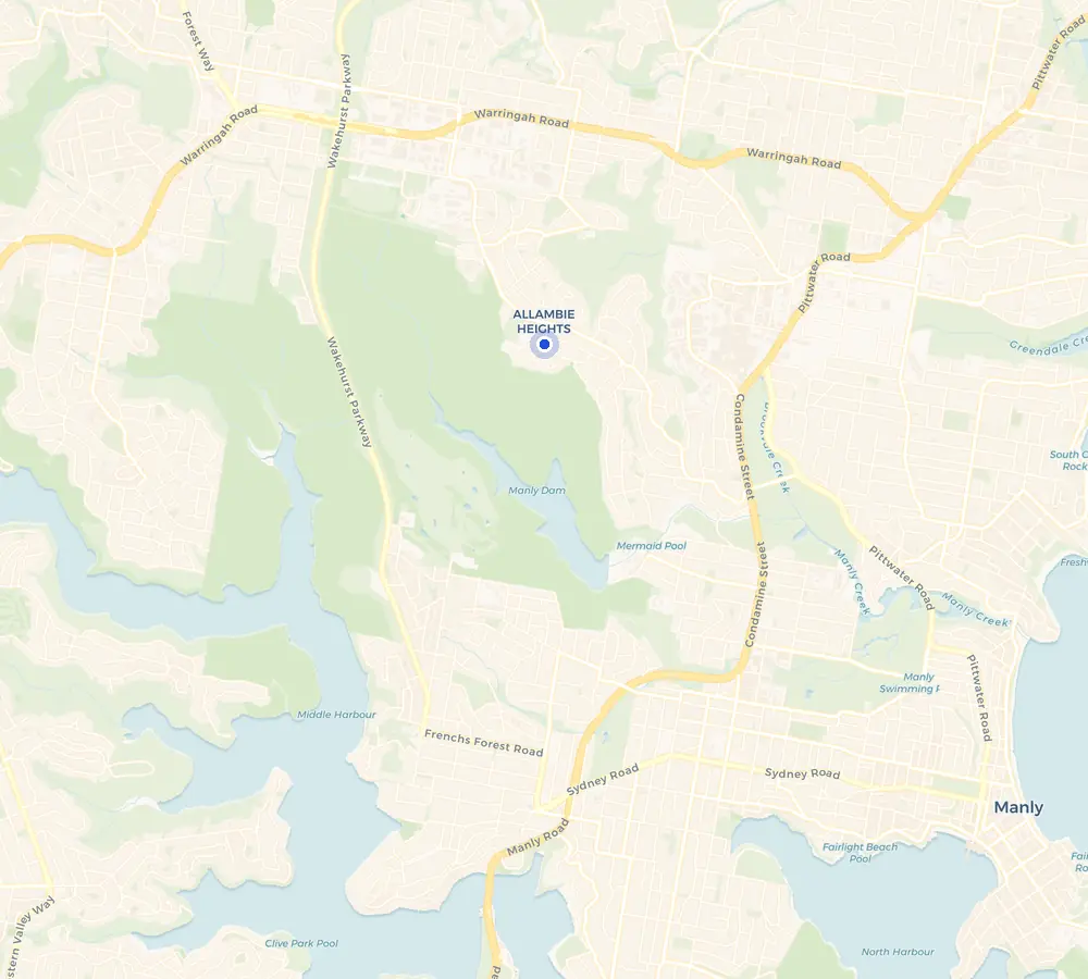 Map of the Allambie Heights service area and the surrounding Northern Beaches, showing Allambie Heights and the nearby streets we cover.