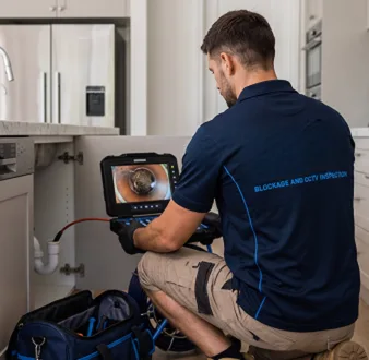 Plumber clearing a blocked toilet in a Allambie Heights bathroom